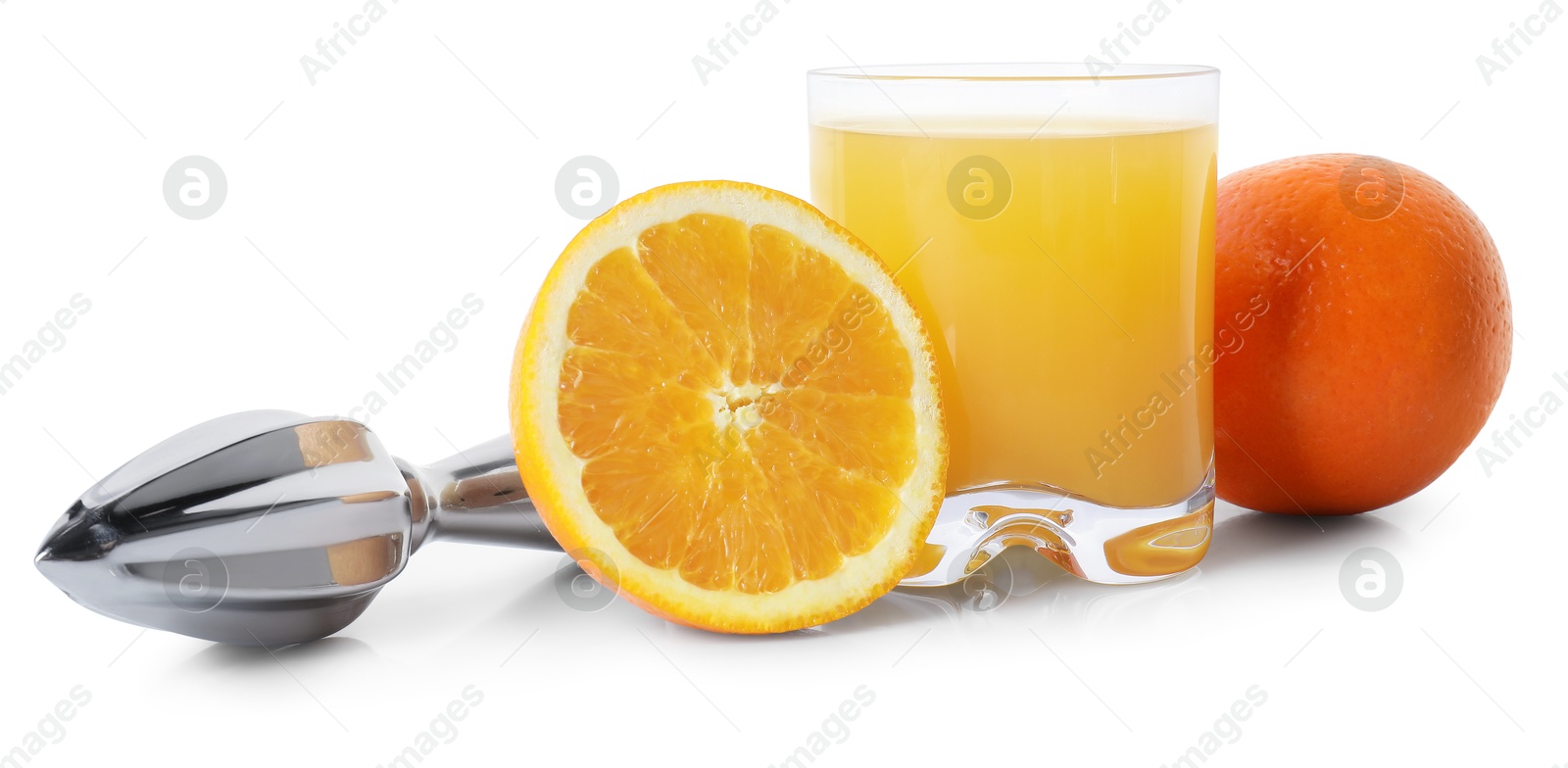 Freshly squeezed orange juice, fruits and juicer isolated on white Photo of Freshly squeezed orange juice, fruits and juicer isolated on white