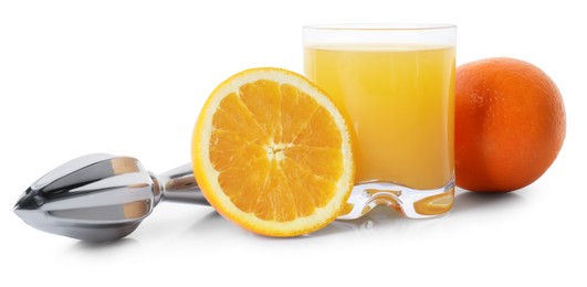 Photo of Freshly squeezed orange juice, fruits and juicer isolated on white