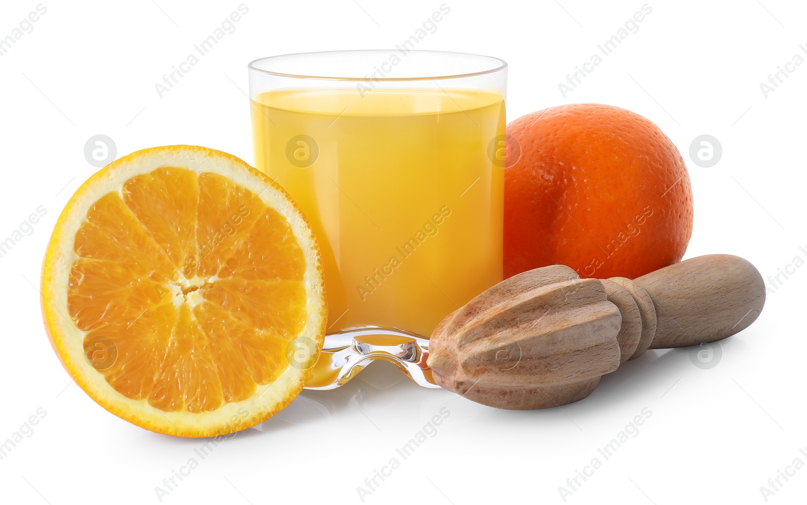 Freshly squeezed orange juice, fruits and juicer isolated on white Photo of Freshly squeezed orange juice, fruits and juicer isolated on white