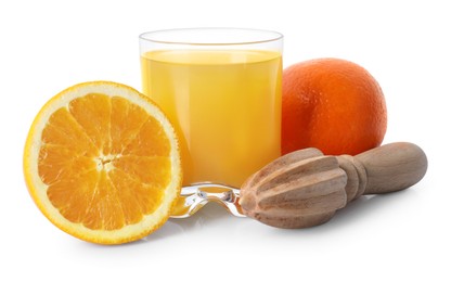 Photo of Freshly squeezed orange juice, fruits and juicer isolated on white