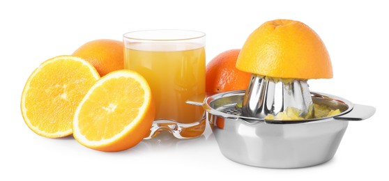 Photo of Freshly squeezed orange juice, fruits and juicer isolated on white