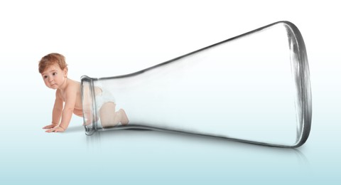 Image of In vitro fertilization (IVF). Cute little baby getting out of glass flask on gradient background. Artificial insemination concept