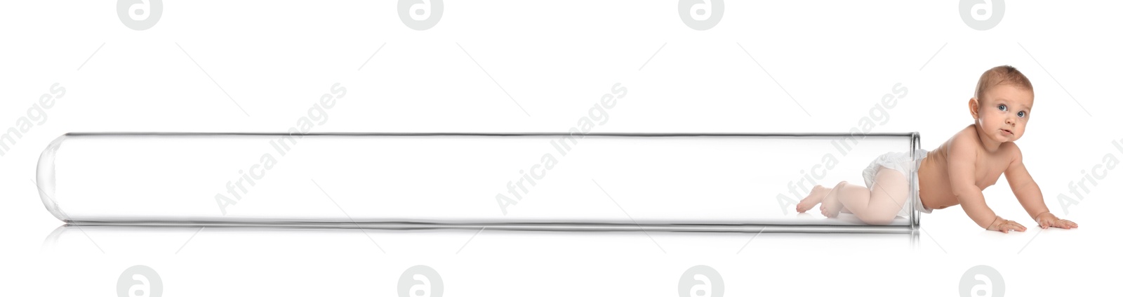 In vitro fertilization (IVF). Cute little baby getting out of glass test tube on white background. Artificial insemination concept Image of In vitro fertilization (IVF). Cute little baby getting out of glass test tube on white background. Artificial insemination concept