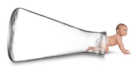 Image of In vitro fertilization (IVF). Cute little baby getting out of glass flask on white background. Artificial insemination concept