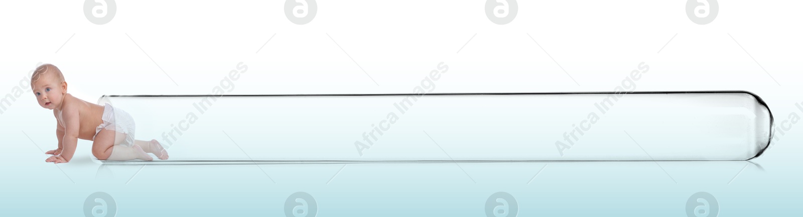 Image of In vitro fertilization (IVF). Cute little baby getting out of glass test tube on gradient background. Artificial insemination concept