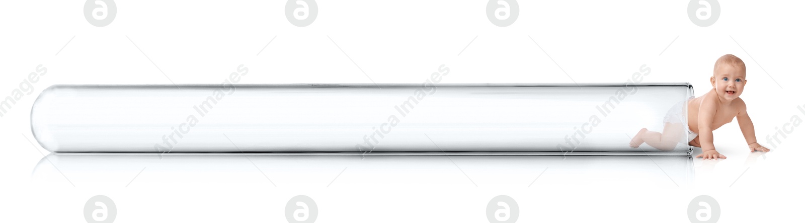 Image of In vitro fertilization (IVF). Cute little baby getting out of glass test tube on white background. Artificial insemination concept