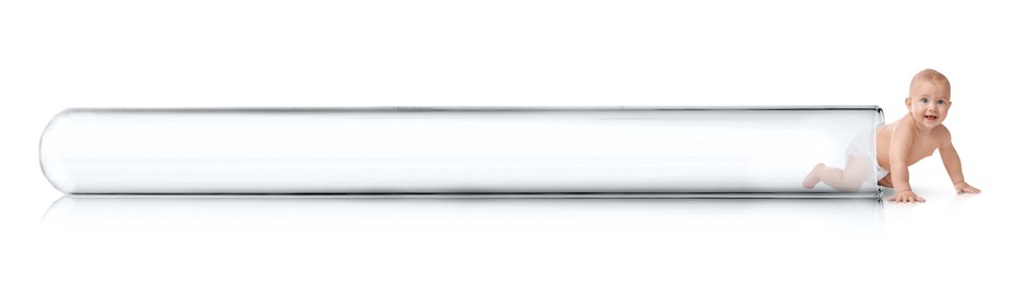 Image of In vitro fertilization (IVF). Cute little baby getting out of glass test tube on white background. Artificial insemination concept