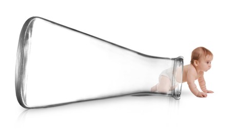 Image of In vitro fertilization (IVF). Cute little baby getting out of glass flask on white background. Artificial insemination concept