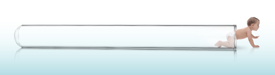 Image of In vitro fertilization (IVF). Cute little baby getting out of glass test tube on gradient background. Artificial insemination concept