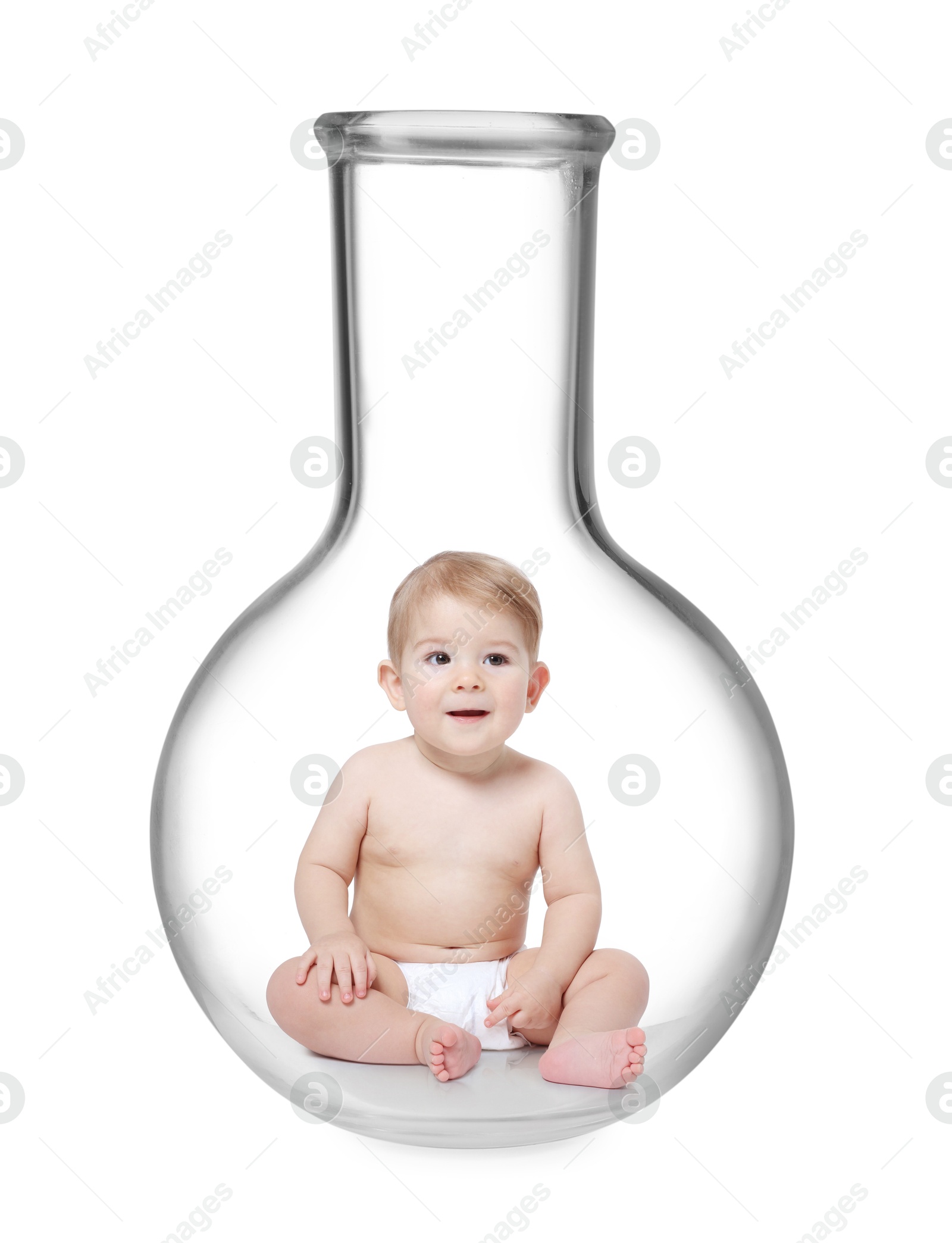 In vitro fertilization (IVF). Cute little baby inside glass flask on white background. Artificial insemination concept Image of In vitro fertilization (IVF). Cute little baby inside glass flask on white background. Artificial insemination concept
