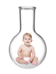 Image of In vitro fertilization (IVF). Cute little baby inside glass flask on white background. Artificial insemination concept