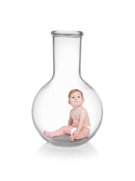 Image of In vitro fertilization (IVF). Cute little baby inside glass flask on white background. Artificial insemination concept