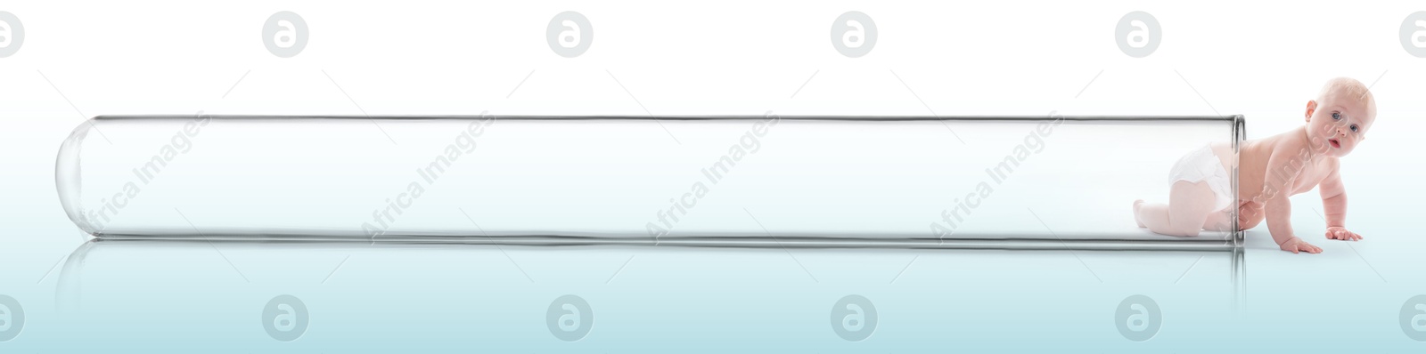 Image of In vitro fertilization (IVF). Cute little baby getting out of glass test tube on gradient background. Artificial insemination concept