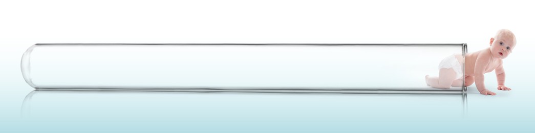 Image of In vitro fertilization (IVF). Cute little baby getting out of glass test tube on gradient background. Artificial insemination concept