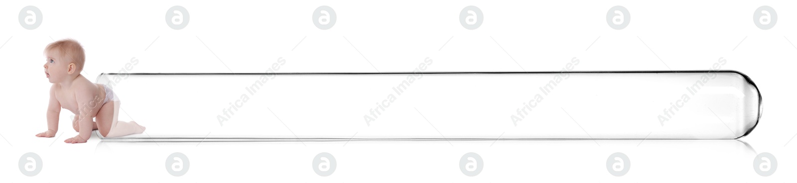 In vitro fertilization (IVF). Cute little baby getting out of glass test tube on white background. Artificial insemination concept Image of In vitro fertilization (IVF). Cute little baby getting out of glass test tube on white background. Artificial insemination concept