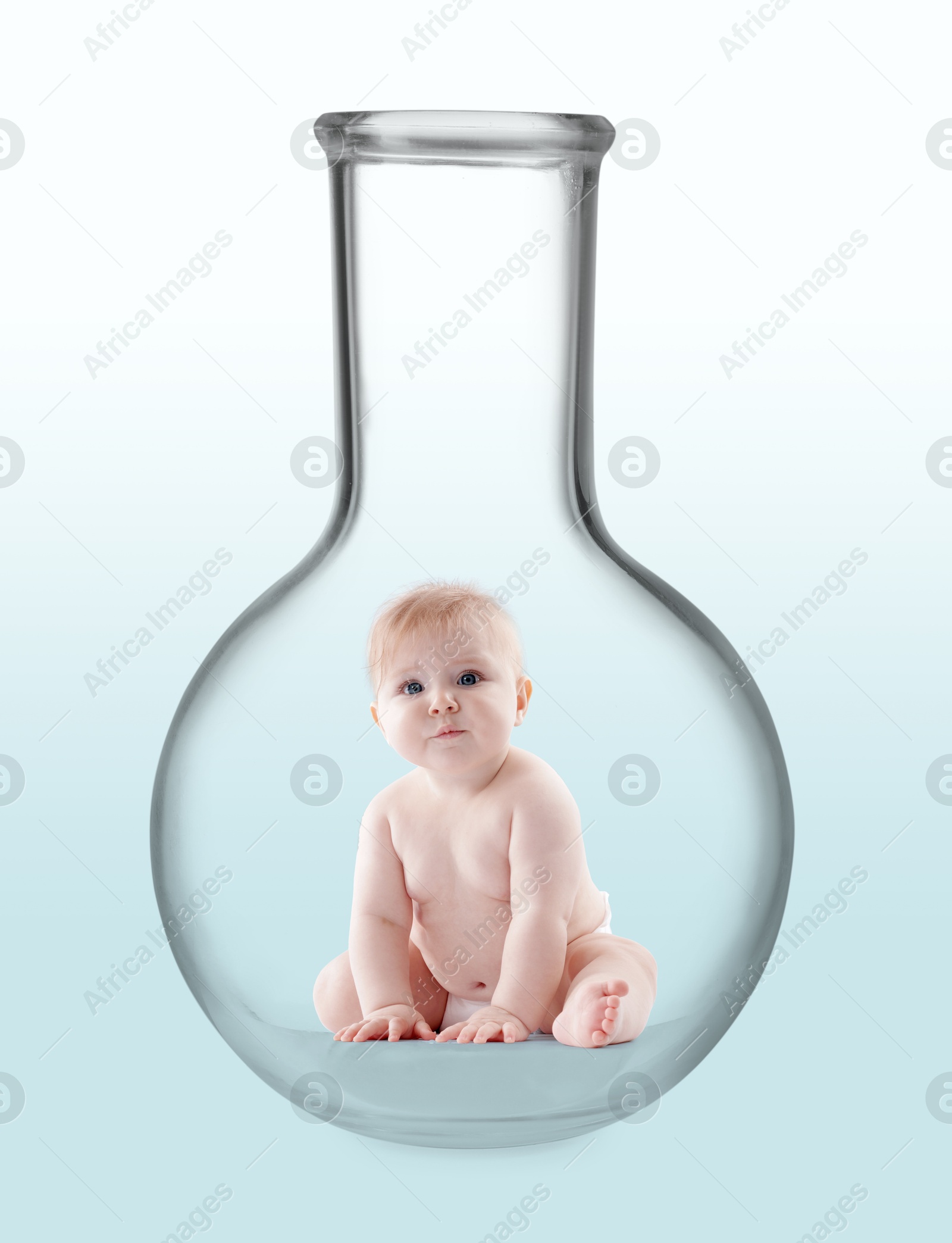 In vitro fertilization (IVF). Cute little baby inside glass flask on gradient background. Artificial insemination concept Image of In vitro fertilization (IVF). Cute little baby inside glass flask on gradient background. Artificial insemination concept