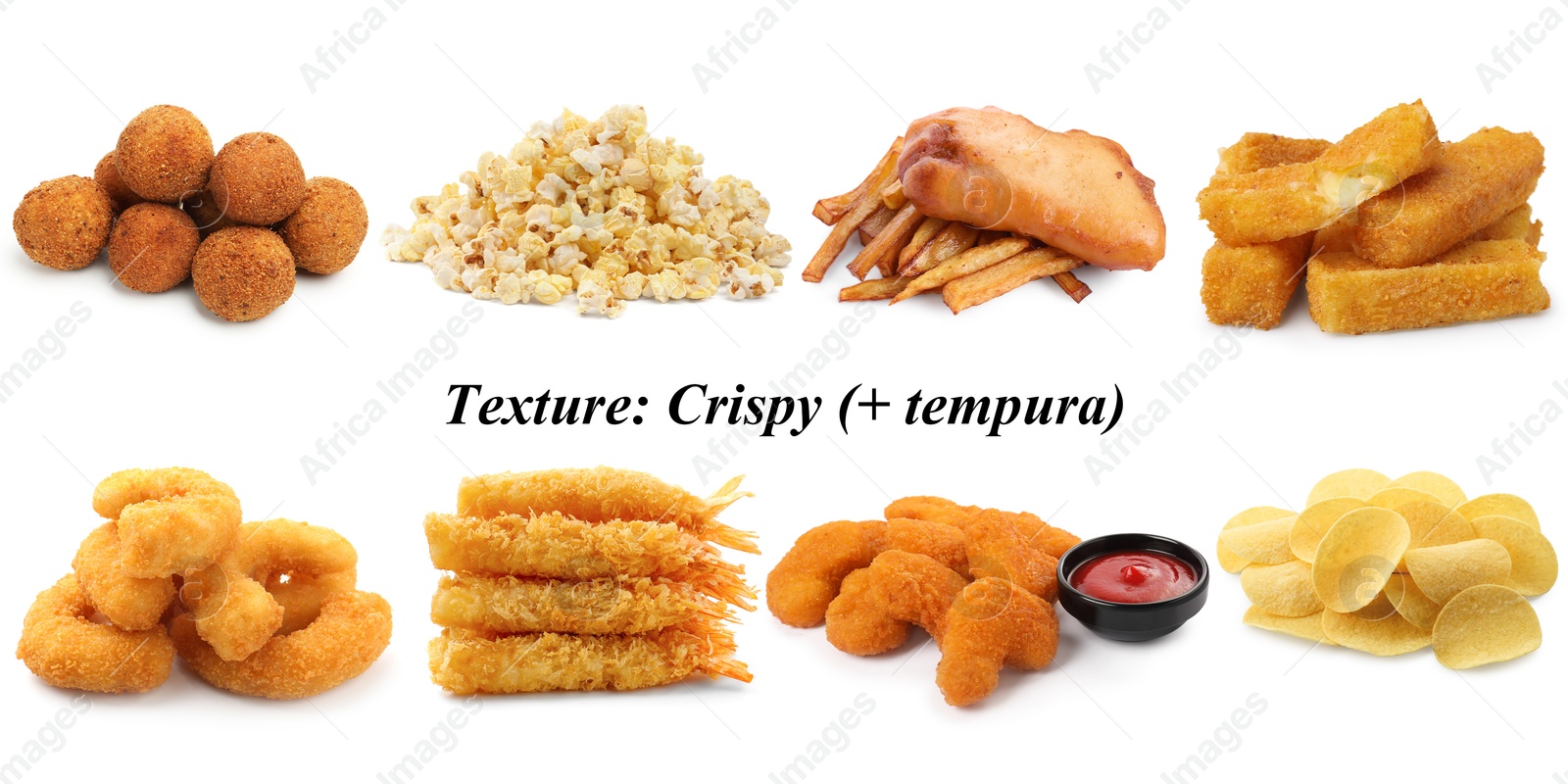Collection of different foods with crispy texture on white background Image of Collection of different foods with crispy texture on white background