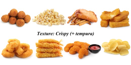 Image of Collection of different foods with crispy texture on white background
