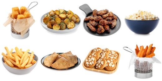 Image of Collection of different foods with crispy texture on white background