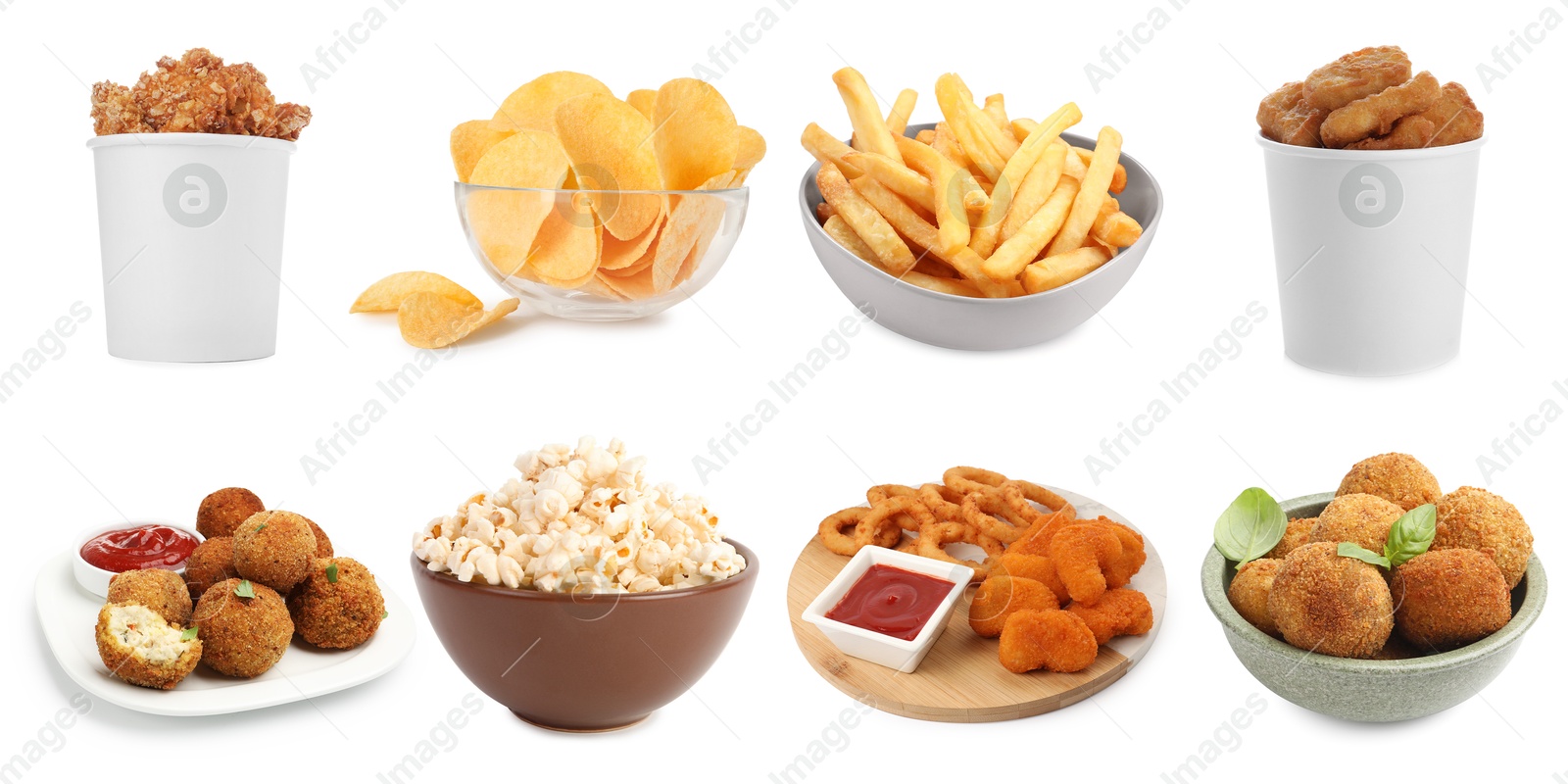 Collection of different foods with crispy texture on white background Image of Collection of different foods with crispy texture on white background