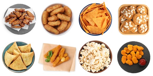 Image of Collection of different foods with crispy texture on white background