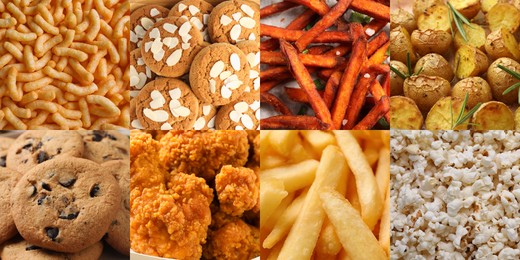 Image of Collection of different foods with crispy texture, collage