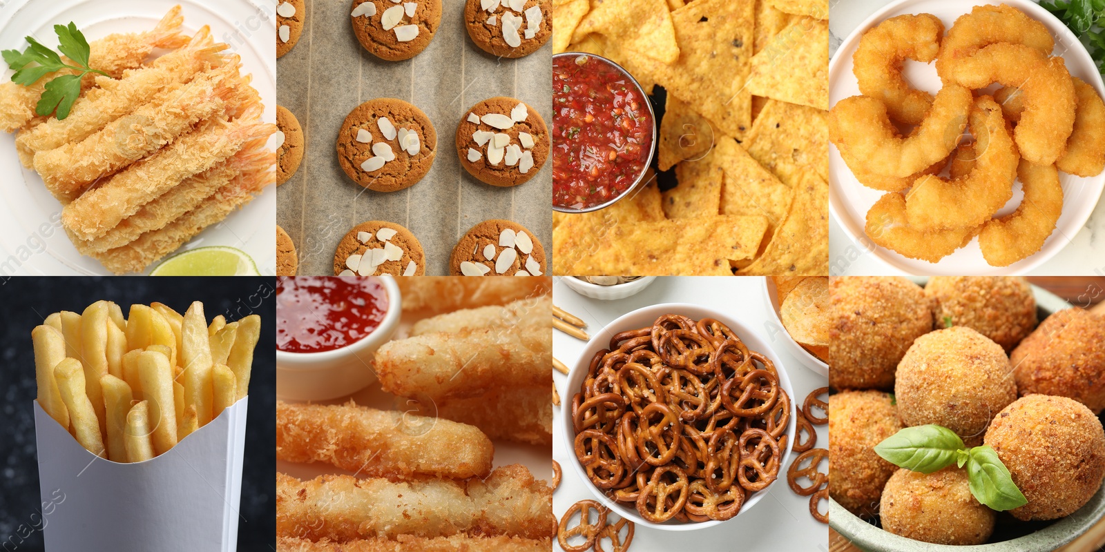 Collection of different foods with crispy texture, collage Image of Collection of different foods with crispy texture, collage