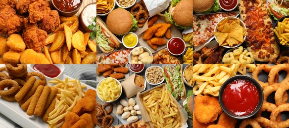 Image of Collection of different foods with crispy texture, collage