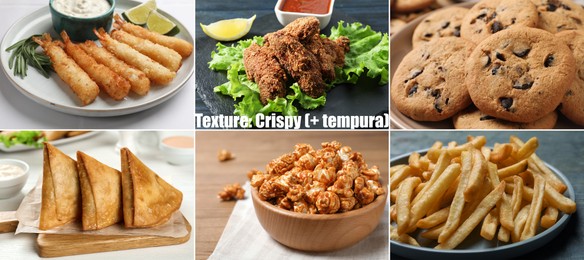 Image of Collection of different foods with crispy texture, collage
