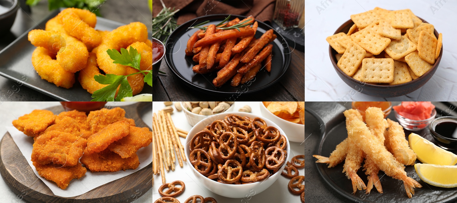 Collection of different foods with crispy texture, collage Image of Collection of different foods with crispy texture, collage