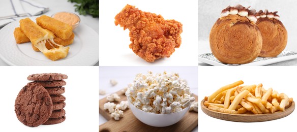 Image of Collection of different foods with crispy texture, collage
