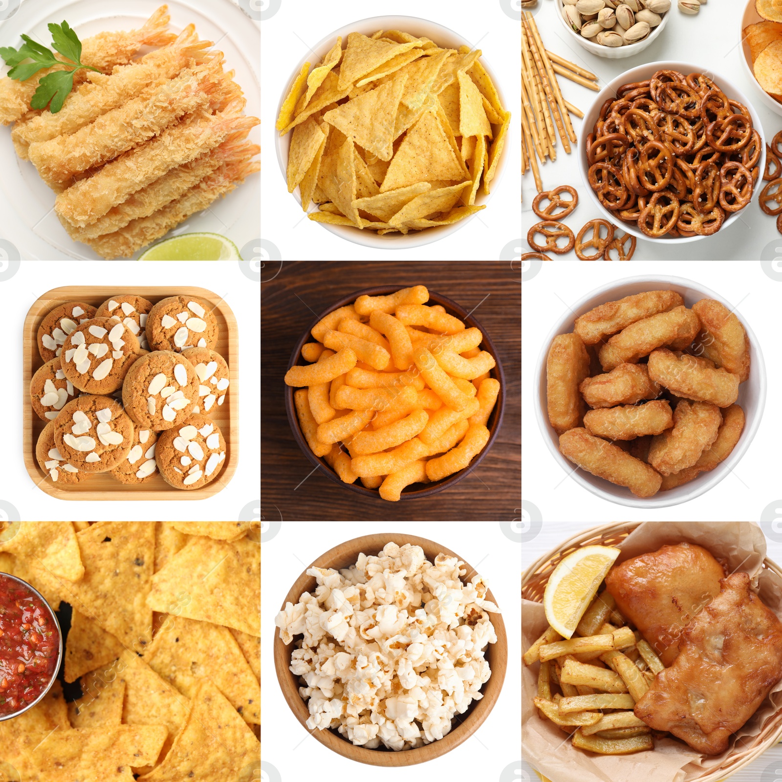 Collection of different foods with crispy texture, collage Image of Collection of different foods with crispy texture, collage