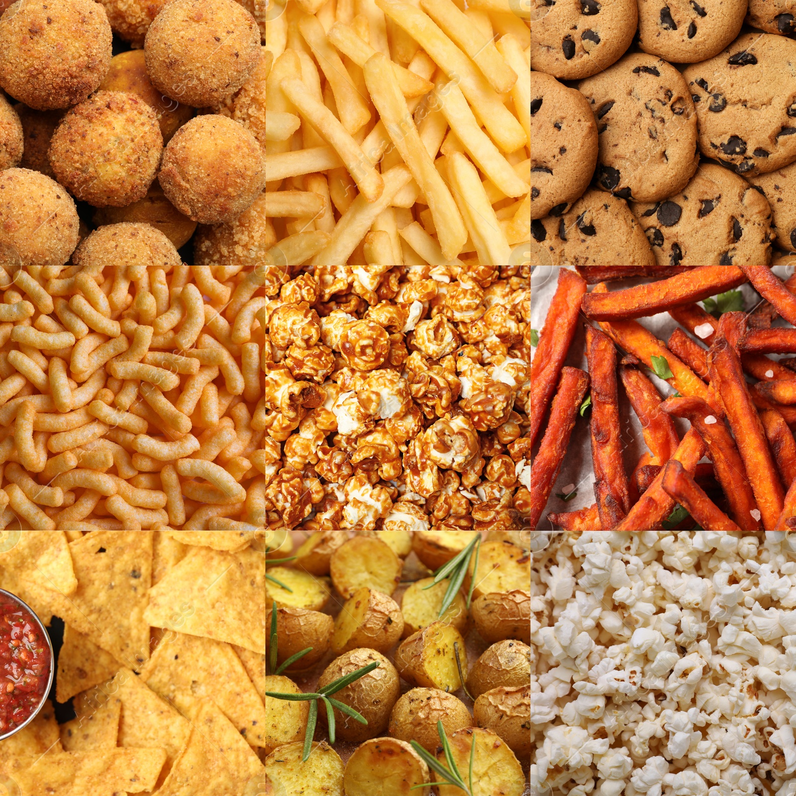 Collection of different foods with crispy texture, collage Image of Collection of different foods with crispy texture, collage