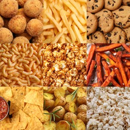 Image of Collection of different foods with crispy texture, collage