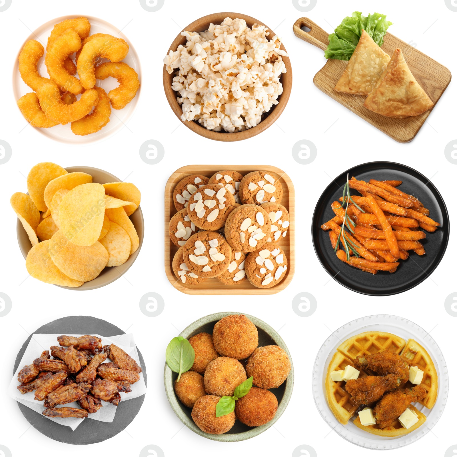 Collection of different foods with crispy texture on white background Image of Collection of different foods with crispy texture on white background