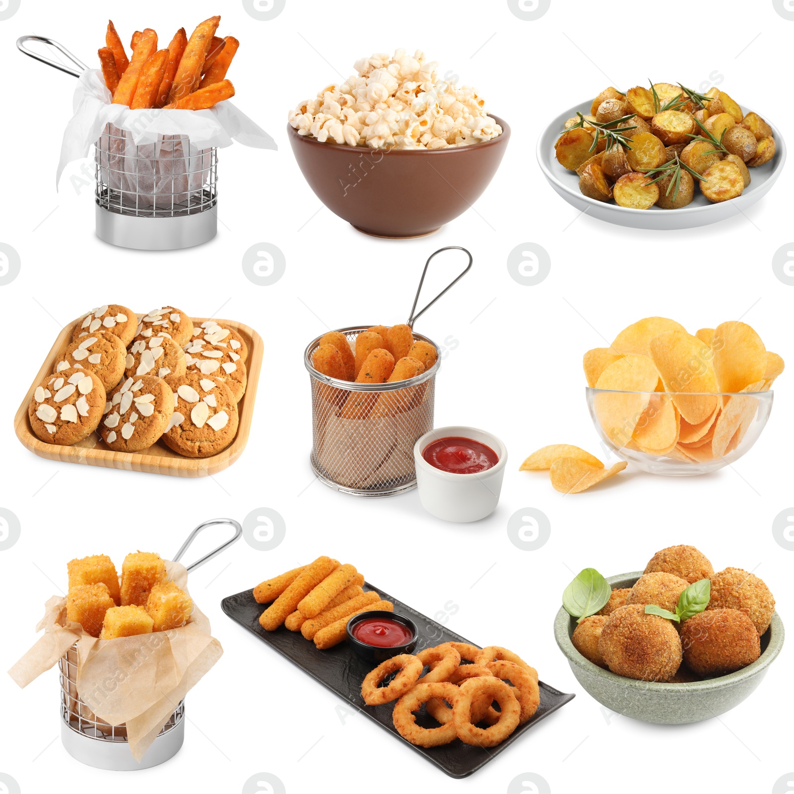 Collection of different foods with crispy texture on white background Image of Collection of different foods with crispy texture on white background