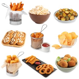 Image of Collection of different foods with crispy texture on white background