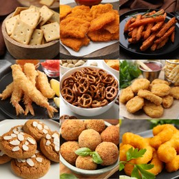 Image of Collection of different foods with crispy texture, collage
