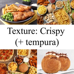 Image of Collection of different foods with crispy texture, collage