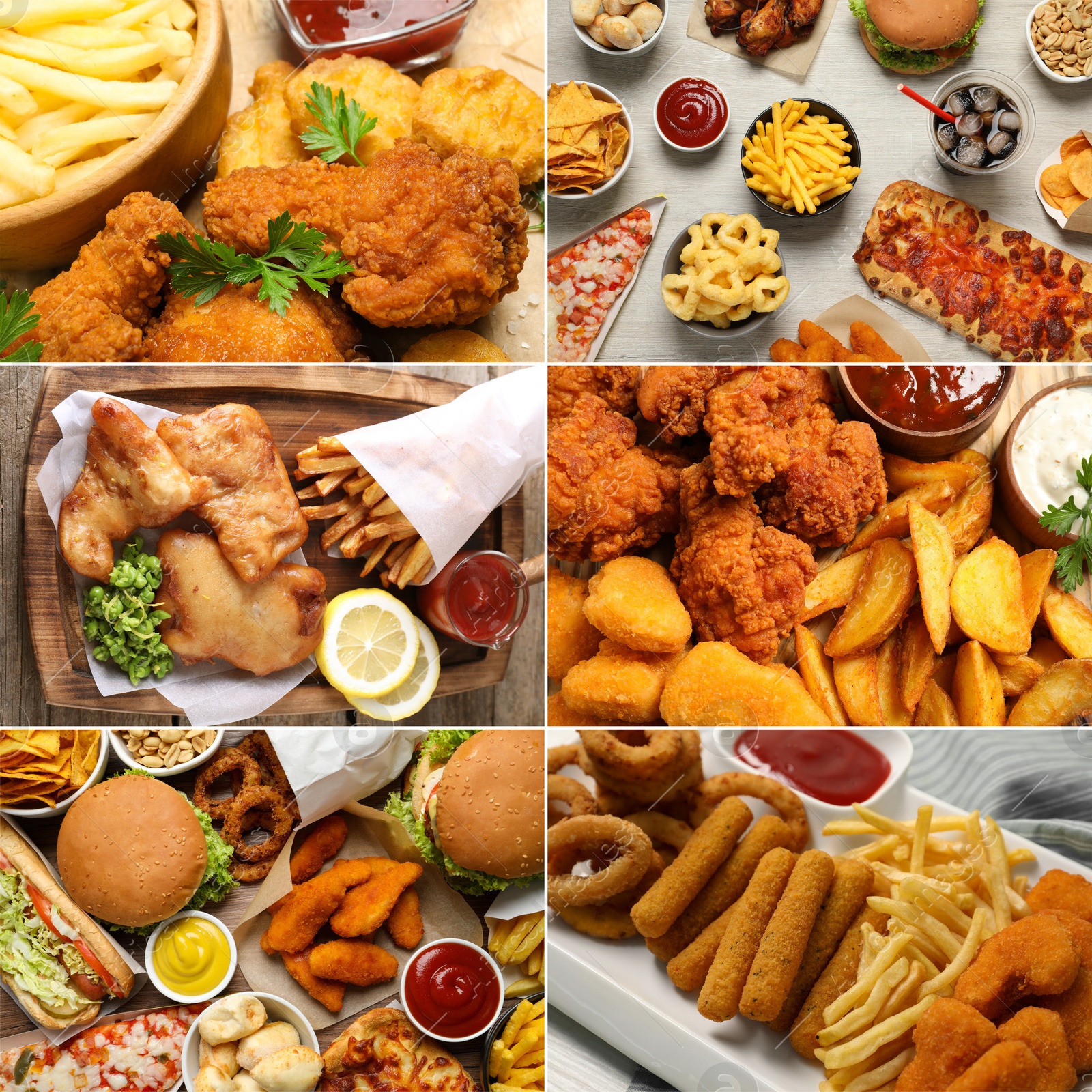 Collection of different foods with crispy texture, collage Image of Collection of different foods with crispy texture, collage