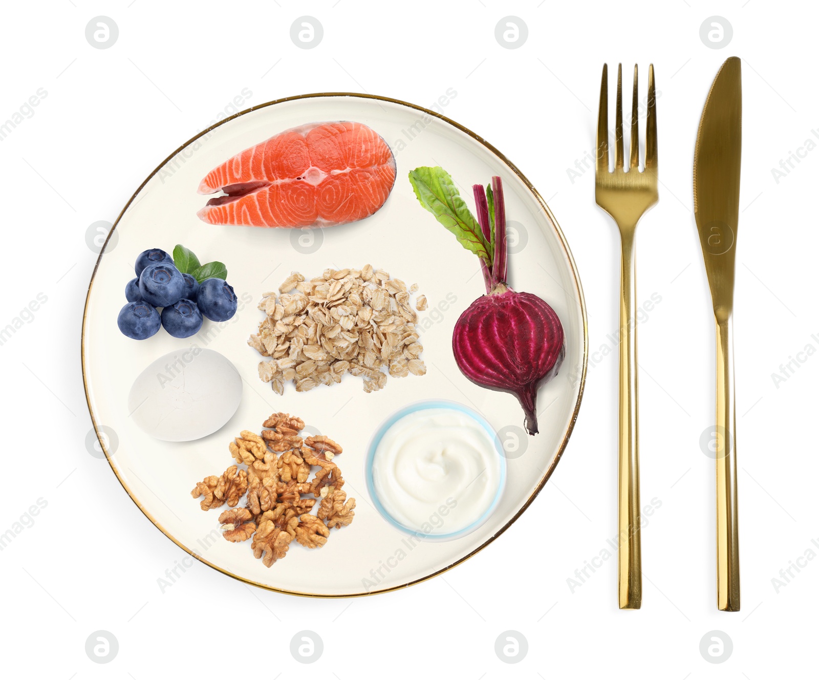 Plate with collection of different foods and cutlery on white background, top view. Healthy eating Image of Plate with collection of different foods and cutlery on white background, top view. Healthy eating