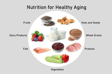 Image of Collection of different foods on grey background. Nutrition for healthy aging