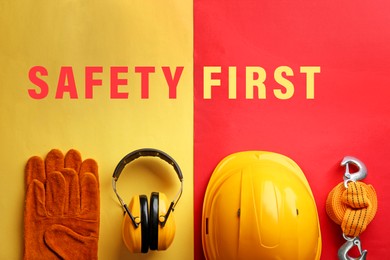 Image of Safety first, poster. Personal protective equipment on color background, top view
