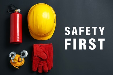 Image of Safety first, poster. Personal protective equipment on black background, top view