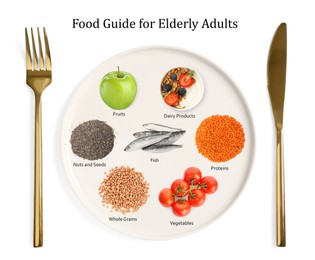 Image of Plate with collection of different foods and cutlery on white background, top view. Nutrition guide for elderly adults