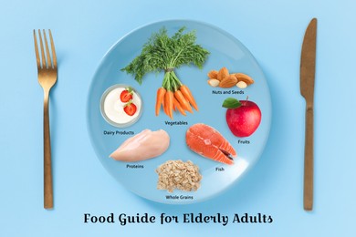 Image of Plate with collection of different foods and cutlery on light blue background, top view. Nutrition guide for elderly adults
