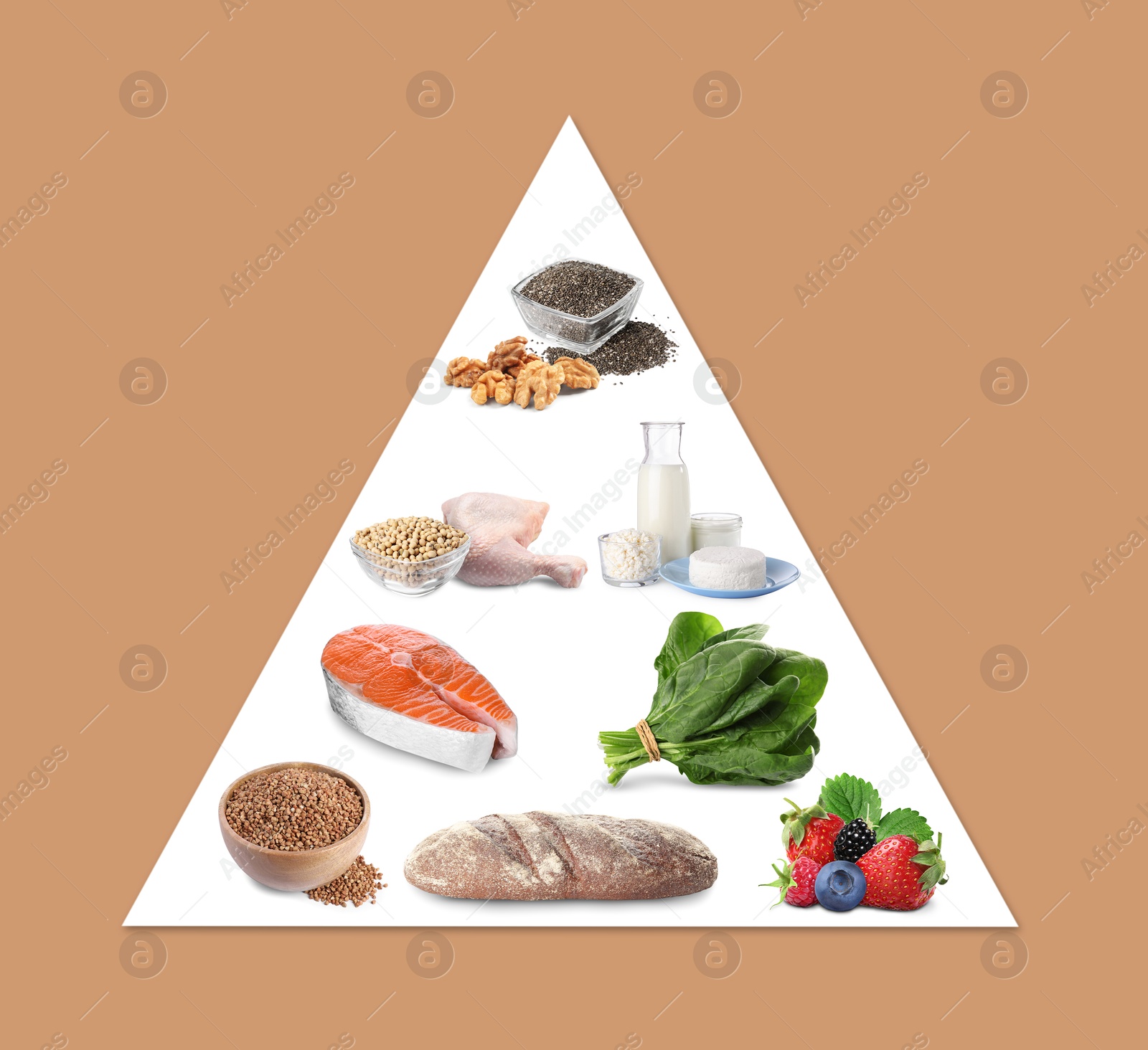 Healthy plate. Collection of different foods in pyramid on dark beige background, top view Image of Healthy plate. Collection of different foods in pyramid on dark beige background, top view