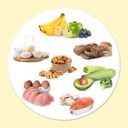 Image of Healthy plate with collection of different foods on beige background, top view