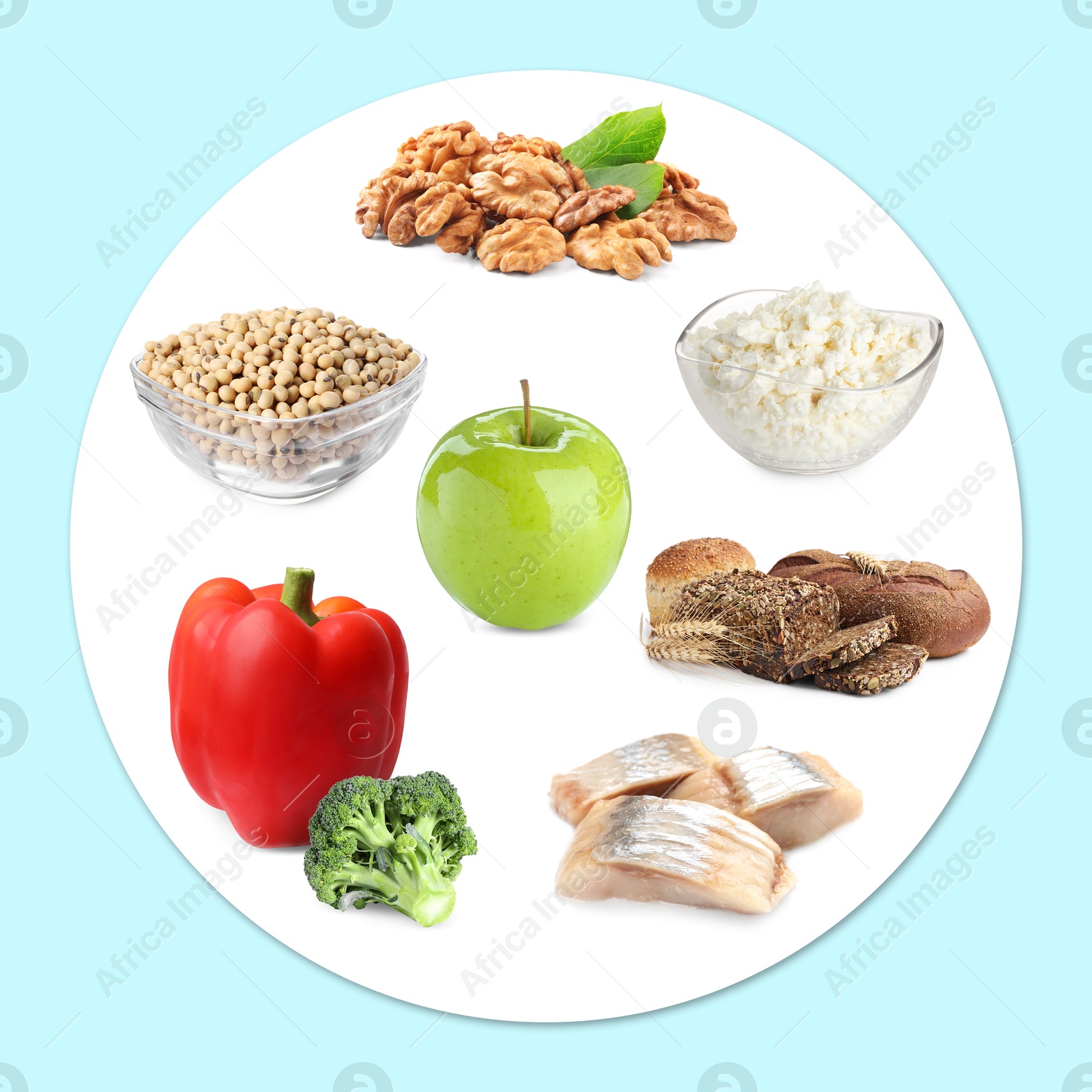 Healthy plate with collection of different foods on light blue background, top view Image of Healthy plate with collection of different foods on light blue background, top view