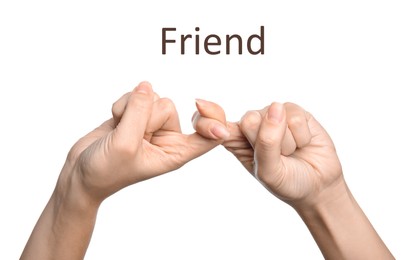 Image of Woman showing word Friend on white background, closeup. Sign language